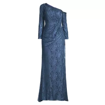 Asymmetric Embellished Lace Sleeve Gown Basix