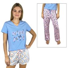 Женский мир, любовь и мечты 3 шт. Пижамный топ с короткими рукавами, пижамные шорты и пижамные штаны для сна Peace, Love & Dreams