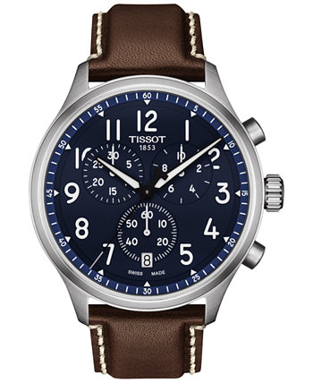 Мужские часы Swiss Chronograph XL с винтажным коричневым кожаным ремешком 45 мм Tissot