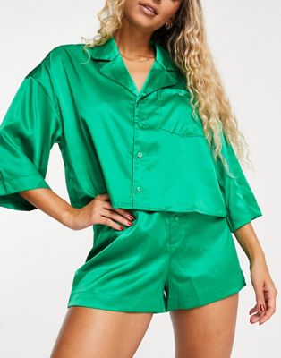 Monki satin shorts pajama set in bright green Monki