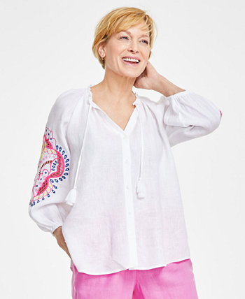 Women's 100% Linen Embroidered-Sleeve Peasant Top, Created for Macy's Charter Club