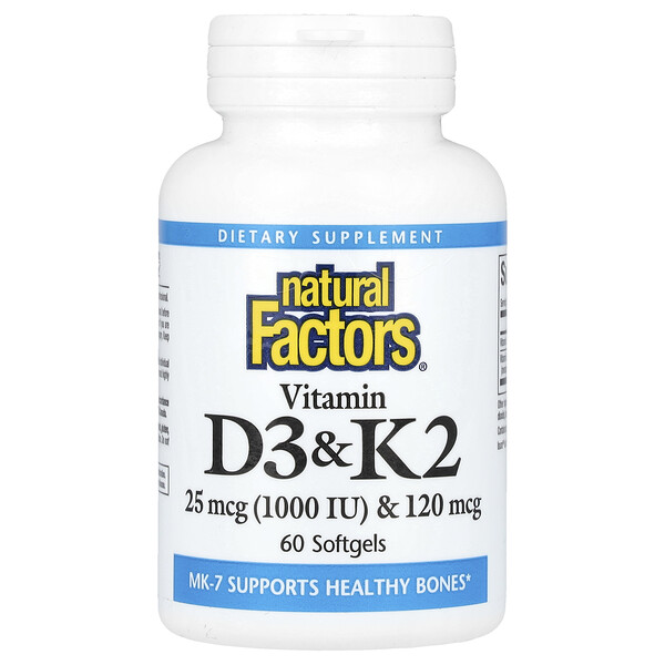 Витамин D3 & K2, 25 мкг (1000 МЕ) & 120 мкг, 60 капсул - Natural Factors Natural Factors