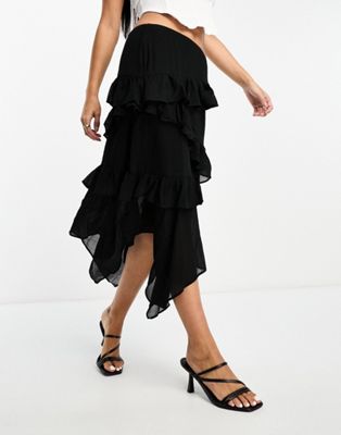 Гламурная многоярусная юбка миди из черного шифона с оборками и асимметричным подолом. GLAMOROUS
