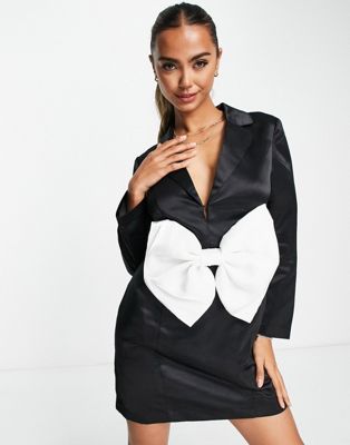 Band Of Stars premium contrast organza bow satin mini dress in white and black  Band of Stars