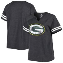 Women's Fanatics Branded Heather Charcoal Green Bay Packers Plus Size Logo Striped Raglan Notch Neck T-Shirt Fanatics