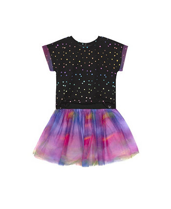 Платье с короткими рукавами и принтом для девочек, тюлевая юбка с черными и разноцветными волнами – для детей Deux par Deux