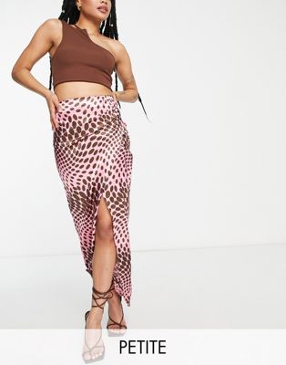   First Distraction The Label Petite satin midi skirt with slit in pink and brown geo print First Distraction Petite