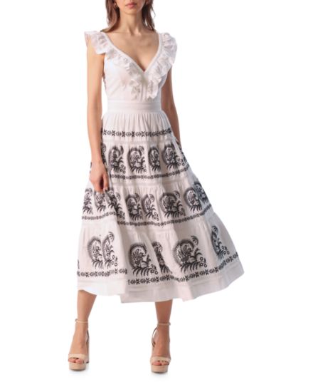 Многоярусное платье миди с оборками и расклешенным принтом Bagatelle