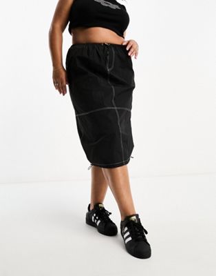 Heartbreak Plus parachute midi skirt with contrast stitch in black Heartbreak