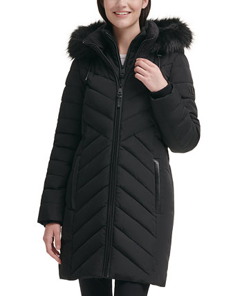 Женское пуховое пальто с капюшоном и отделкой из искусственного меха DKNY