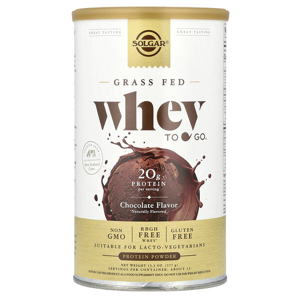 Шоколадный протеиновый порошок из сыворотки Grass Fed Whey To Go®, 377 г, 20 г белка на порцию Solgar