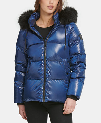High shine faux shop fur trim puffer