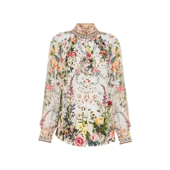 Floral Silk Raglan-Sleeve Shirt Camilla