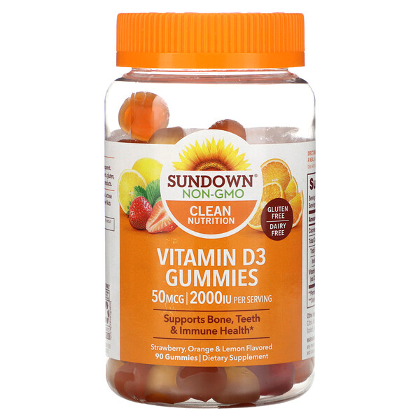 Жевательные конфеты с витамином D3, клубника, апельсин и лимон, 2000 МЕ, 90 жевательных таблеток (25 мкг (1000 МЕ) на жевательную конфету) Sundown Naturals