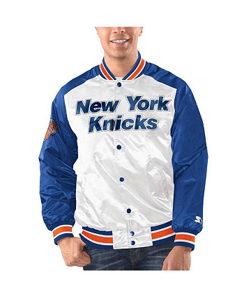 Мужская атласная университетская куртка с длинными кнопками белого и синего цвета New York Knicks Renegade Starter