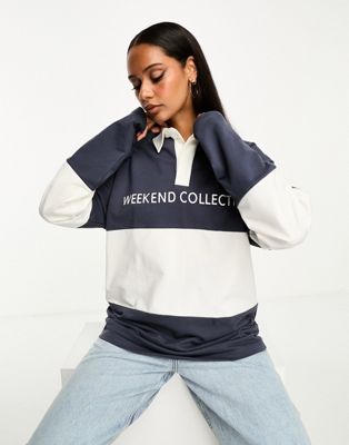 ASOS Weekend Collective striped rugby shirt in navy and ecru ASOS Weekend Collective