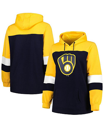 Women's Navy Milwaukee Brewers Plus Size Colorblock Pullover Hoodie Profile