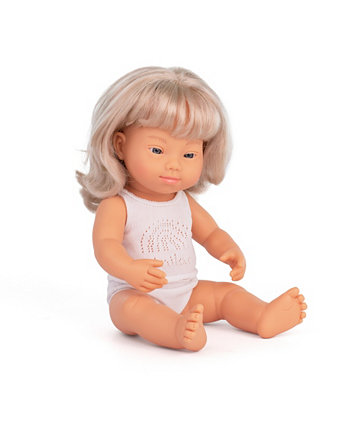 Девочка 15 дюймов, белокурая кукла с синдромом Дауна Miniland