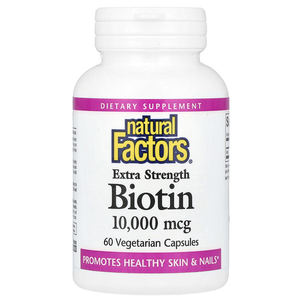 Биотин, Экстра Сила - 10,000 мкг - 60 вегетарианских капсул - Natural Factors Natural Factors