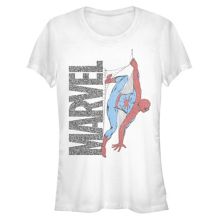Juniors' Spider-Man Hanging From The Marvel Logo Graphic Tee Marvel