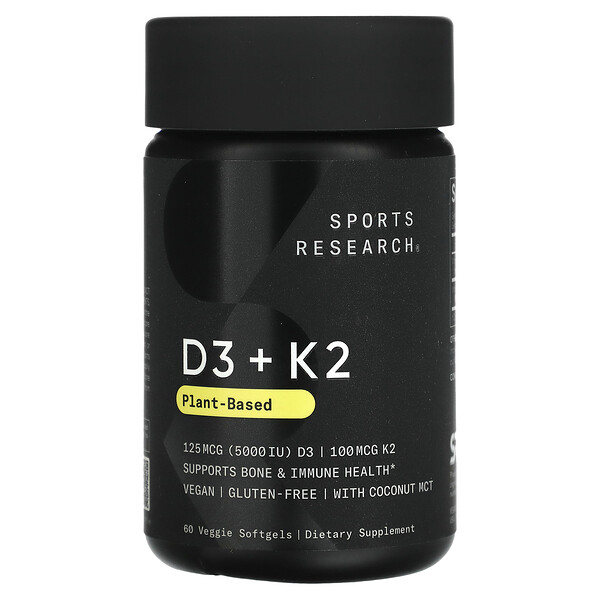 Витамин D3 + K2, на растительной основе, 60 растительных мягких желатиновых капсул Sports Research