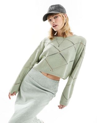 Noisy May pointelle wide neck sweater in light green Noisy May