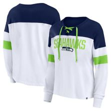Women's Fanatics Branded White/College Navy Seattle Seahawks Plus Size Even Match Lace-Up Long Sleeve V-Neck T-Shirt Fanatics