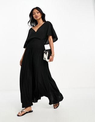 Женское платье-миди ASOS DESIGN с запахом вперди, воланчиками на рукавах и мягкой юбкой в чёрном цвете ASOS DESIGN