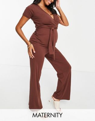 Missguided Maternity ribbed wrap belted jumpsuit in chocolate Missguided Maternity
