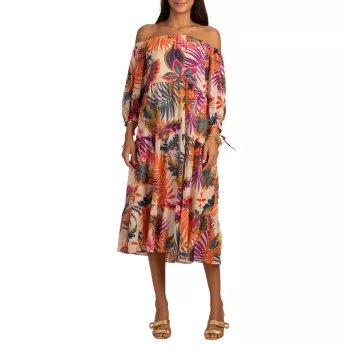 Платье миди с открытыми плечами и цветочным принтом Cattleya Trina Turk