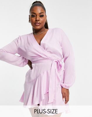 First Distraction the label Plus satin mini wrap dress in lilac First Distraction Plus