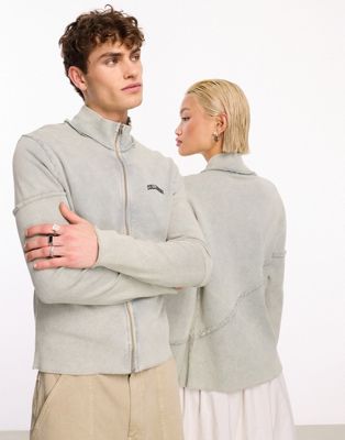 COLLUSION Unisex zip through sweat with contrast rib in gray Collusion