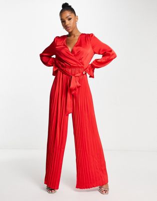 Красный атласный комбинезон с широкими штанинами и поясом In The Style In The Style
