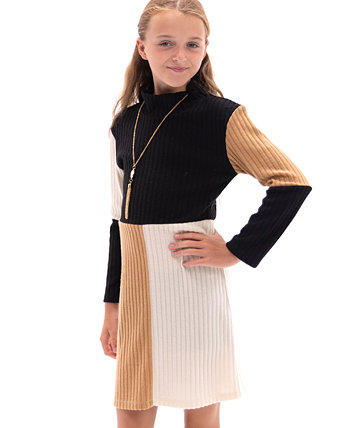 Комплект из платья-свитера с длинными рукавами и ожерелья в цветных блоках для больших девочек, 2 предмета Rare Editions