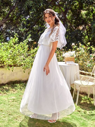 Свадебное платье с кружевной отделкой с сетчатой отделкой без фаты SHEIN
