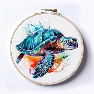 Generic Counted Easy Cross Stitch Kits Watercolor Turtle Color Stamped Embroidery for Starter Kits DIY 11CT Stamped Patterns Embroidery Needlework Kit Supplies 12 Inch Hoop Included(164-A) Generic