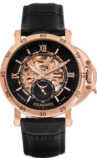 Мужские часы Lex с кожаным ремешком с тиснением под крокодила, 42 мм x 47 мм Aquaswiss