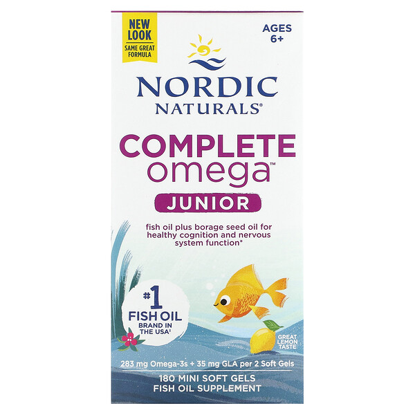 Complete Omega Junior, для детей от 6 до 12 лет, с лимоном, 180 мягких желатиновых мини-капсул Nordic Naturals