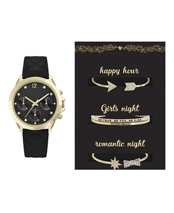 Женские аналоговые часы на черном стеганом ремешке 34 мм с браслетами для девочек с кубическим цирконием Подарочный набор Jessica Carlyle
