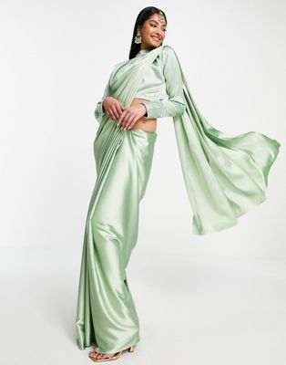 Kanya London Bridesmaid high neck blouse & saree in sage green - part of a set Kanya London