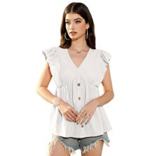 Women's Ruffle Short Sleeve V Neck Button Down Shirts Plain Peplum Tops Babydoll Tunics Blouse Clearlove
