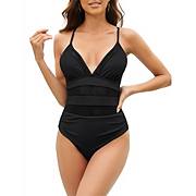 Womens Mesh Swimsuit One Piece V Neck Swimsuits Tummy Control High Waisted Cross Back Swimwears Missky