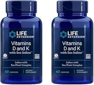 Life Extension Vitamins D and K with Sea-Iodine, vitamin D3, vitamin K1 and K2, iodine, supports immune, bone, arterial and thyroid health, non-GMO, gluten-free, 60 capsules Life Extension