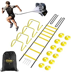 A11N Speed & Agility Training Combo Set - Includes 4 Adjustable Agility Hurdles, Quick Ladder, Speed Chute, & 12 Cones - Training for Speed, Agility, and Quickness A11N Sports