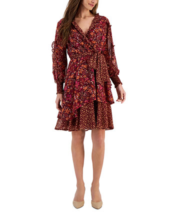 Миниатюрное многоярусное шифоновое платье с искусственным запахом и цветочным принтом, с оборками на рукавах Tahari