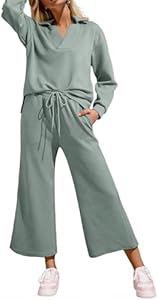 SHEWIN 2 Piece Sets for Women Collared V Neck Long Sleeve Polo Shirts Tops Lounge Set Tracksuits Sweatsuits Shewin