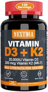 Vitamin D3 20,000 IU + Vitamin K2( MK7 )200mcg - Optimal Vitamin D3 & K2 Softgel - Strong Bones & Muscle, Calcium Absorption & Immune Support, Helping Vitamin D Deficiencies, Easy to Swallow, Non GMO Nextdia