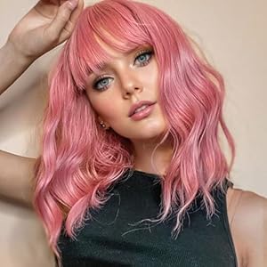 VCKOVCKO Pastel Wavy Wig With Air Bangs Women's Short Bob Purple Pink Wigs Curly Wavy Shoulder Length Pastel Bob Wigs Synthetic Wig for White Women Girls Daily Use Colorful Wigs(12", Purple Pink) VCKOVCKO