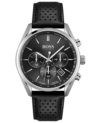 Мужские часы с хронографом HUGO Champion с черным кожаным ремешком, 44 мм BOSS