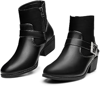 Trary Ankle Boots for Women Round Toe Low Heel Womens Ankle Boots Side Zipper Booties Winter with Buckle,with Fleece Linning Trary